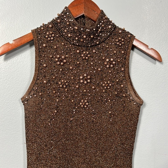 Vintage Brown Pearl beaded mock neck sleeveless top size Small - Picture 2 of 9